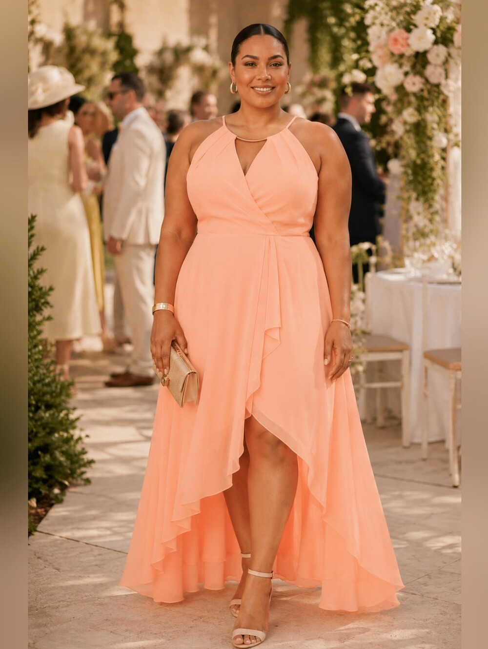 Chiffon Dress Bar Accent Keyhole Front Ruffle High-Low Party Gown Plus Size